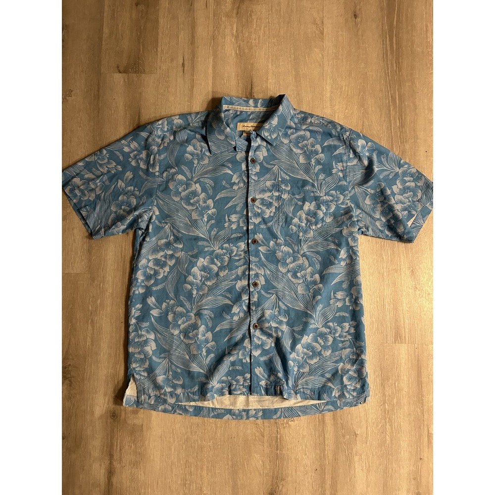 Tommy Bahama 100% Silk Hawaiian Shirt Blue w/White Floral Print Loop Collar L
